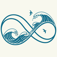 Title: A stylized infinity symbol with waves and birds in a minimalist blue and white