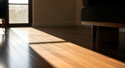 Sunlit wood flooring and contemporary furniture inside residential space
