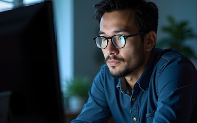 Middle-aged man concentrated in front of pc. High quality