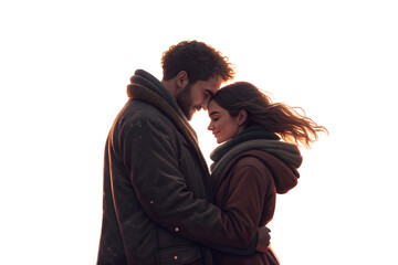 Romantic loving couple hugging each other with a large heart shape behind them, expressing affection, warmth and emotional connection. Valentine&rsquo;s Day concept, realistic style, isolated on transparent