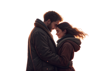 Romantic loving couple hugging each other with a large heart shape behind them, expressing affection, warmth and emotional connection. Valentine’s Day concept, realistic style, isolated on transparent