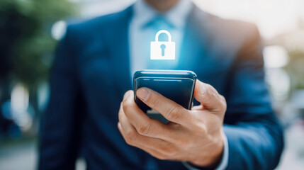 Businessman holding smartphone with digital lock icon representing mobile security and data protection in modern technology environment outdoors