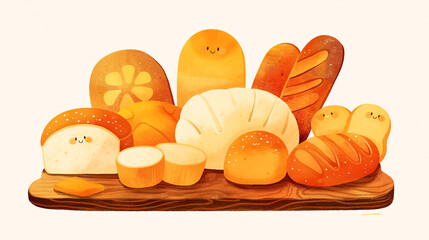 Colorful illustration of various types of bread, including loaves, rolls, and baguettes, arranged on a wooden board, showcasing delightful baked goods in a cheerful presentation