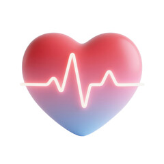 Glowing 3d heart with ECG pulse isolated on transparent background for digital health platforms, cardiology services, fitness tracking apps, medical presentations, and UI visuals
