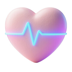 Neon style 3d heart with pulse line isolated on transparent background for health technology apps, cardiology dashboards, wellness tracking, modern UI, and infographic content