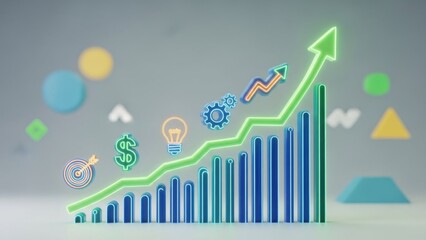 Dynamic visualization of business growth, financial strategy, and innovative success metrics on a