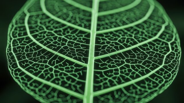 Detailed vibrant green leaf skeleton glowing brightly against a dark backdrop revealing nature's