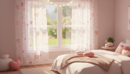 Sheer Heart-Patterned Curtains Fluttering in Bedroom with White Window