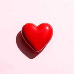 Fototapeta premium Minimalist close-up of a single red ceramic heart placed on a pale pink background with soft shadows. Clean studio setup, highly commercial, perfect for templates and banners.