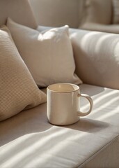 Minimal cozy living room interior with ceramic mug on sofa in soft sunlight