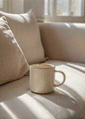 Cozy minimal living room scene with ceramic mug and soft morning sunlight