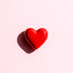 Fototapeta premium Minimalist close-up of a single red ceramic heart placed on a pale pink background with soft shadows. Clean studio setup, highly commercial, perfect for templates and banners.