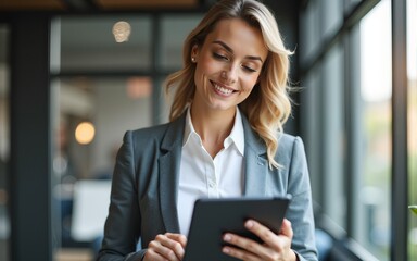 Fototapeta premium Confident Middle Aged Female Manager Using Digital Tablet at Work. High quality