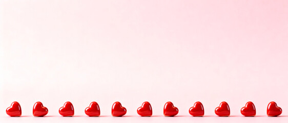  small red ceramic hearts arranged neatly along the lower edge of a pale pink background, with large empty negative space above. Soft gradient lighting, modern minimalist commercial s