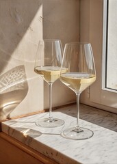 Minimal still life with white wine glasses on marble windowsill in warm sunlight