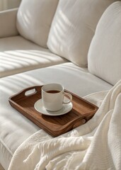 Cozy minimal living room scene with coffee cup on wooden tray in sunlight