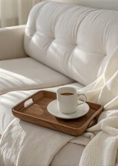 Minimal cozy living room with coffee cup on wooden tray and soft sunlight