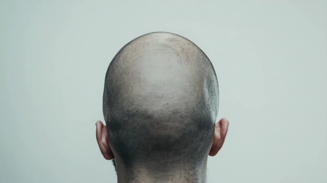 A close-up of a bald male head with visible stubble and skin textures. The subject is facing forward without any distractions in the background.