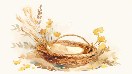 Watercolor illustration of a woven basket filled with soft white eggs, surrounded by delicate yellow flowers and dried grass, creating a serene and natural ambiance
