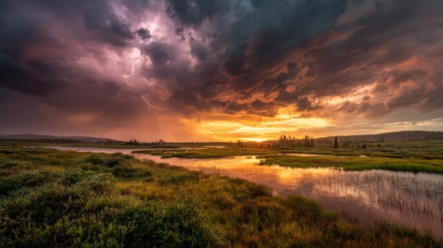 A dramatic landscape featuring a river winding through vibrant green fields beneath a stormy sky with lightning - Powered by Adobe