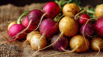 Freshly harvested radishes in various colors, showcasing vibrant hues of purple, red, and yellow, resting on a rustic burlap surface, emphasizing organic produce and natural textures