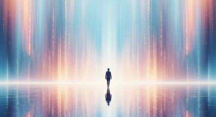 Lone figure standing in a vibrant, ethereal, colorful, reflective landscape.
