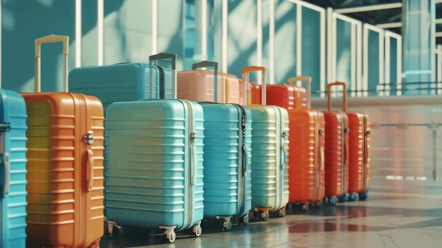 Colorful hard shell suitcases lined up in a modern airport terminal for travel.