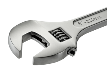 A new adjustable chrome wrench with open jaws and engraved markings isolated on a white background in a macro, low-angle studio shot. Concept of industrial precision