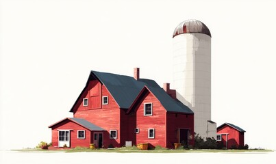 Red Farmhouse with Silo - A Picturesque Rural Scene.