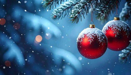 Fototapeta premium christmas background with christmas tree and balls In Winter On Fir Branches 
