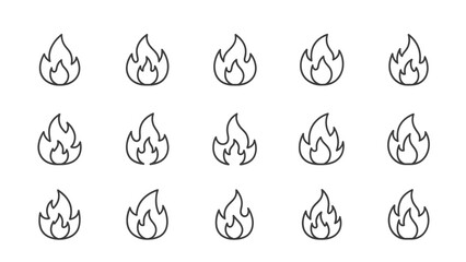 Flat fire flame vector icon set with fifteen different styles isolated on white