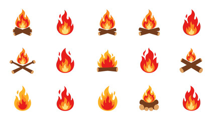 Flat fire flame vector icon set with fifteen different styles isolated on white