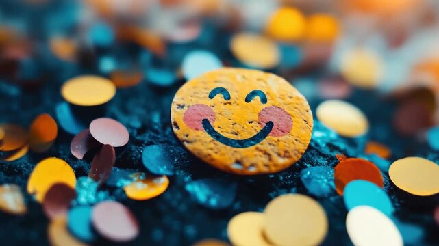 A happy emoji face surrounded by colorful confetti. Perfect for celebrations and positive messages.