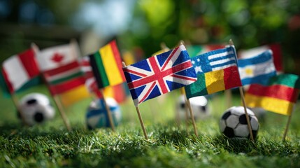 Collection of small national flags from around the world on toothpicks in green grass with soccer balls for international sports competition or tournament concept