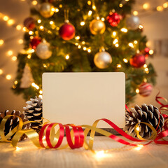 Blank card mockup on a white surface with pine cones, ribbons and Christmas ornaments concept of Christmas Eve