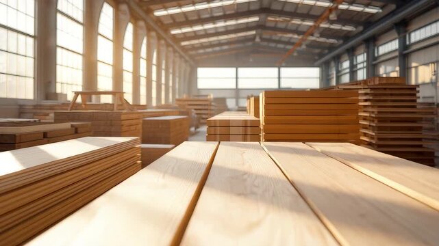 Spacious Industrial Warehouse Interior Filled with Stacks of Wooden Planks and Natural Sunlight