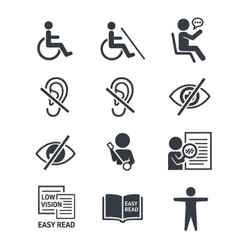 Accessibility icons depicting disabilities and inclusive design elements