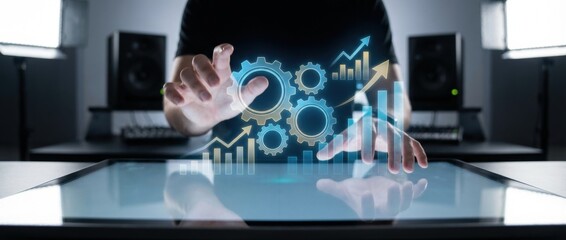 progress concept with illuminated gears and charts symbolizing innovation and growth in a modern studio setting close-up of hands interacting with digital data projections showcasing success
