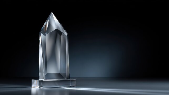 Modern faceted crystal trophy award on dark reflective background