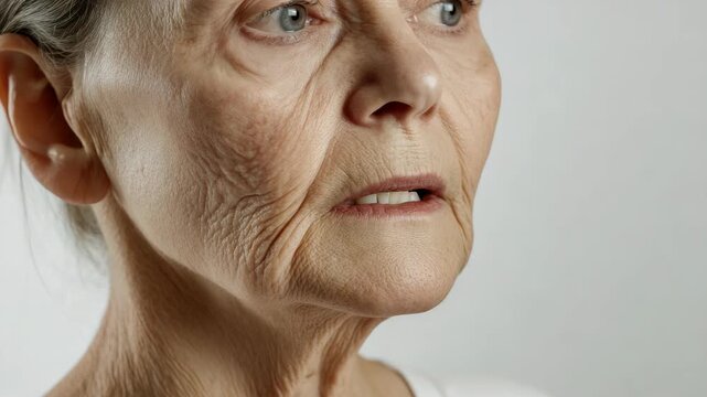 An aged woman with visible wrinkles and sagging skin.