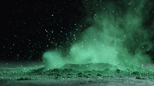 Vibrant green powder explosion in dark background