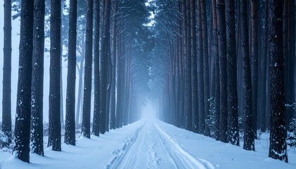 A straight snowcovered road leads through a forest of tall parallel pine trees into a distant dense fog
