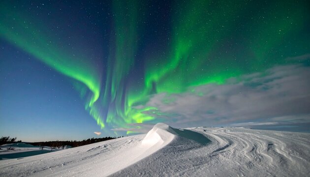 The green aurora borealis illuminates a starry night sky above a windswept snowy landscape with a prominent snowdrift - Powered by Adobe