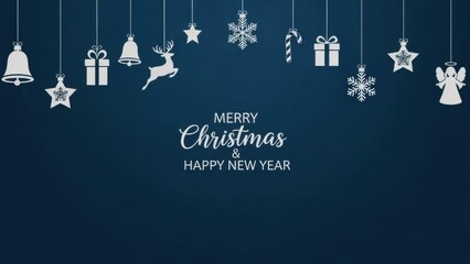 Festive blue background with hanging white christmas ornaments including bells, snowflakes, gifts, reindeer, candy cane