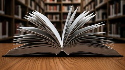 Open book on wooden table in library with blurred bookshelves background