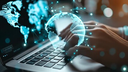 Hand Typing on Laptop with Digital Global Network Visualization. - Powered by Adobe