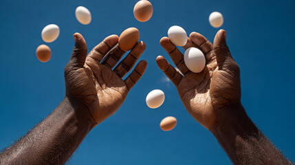 African American man with outstretched hands is tossing eggs into the air against a clear blue sky, capturing a moment of playful creativity and culinary exploration