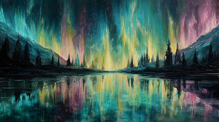 Vibrant aurora borealis illuminates the night sky over tranquil lake, surrounded by majestic mountains and silhouetted pine trees, creating a breathtaking natural spectacle
