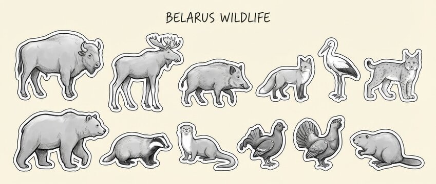 belarus wildlife animals hand-drawn sketch sticker set featuring iconic animals native to belarus all stickers