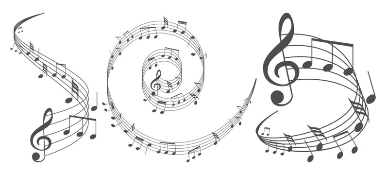 Music notes wave. Flowing musical staff lines with notes, clefs and melody rhythm patterns in dynamic circular, spiral and wavy shapes.